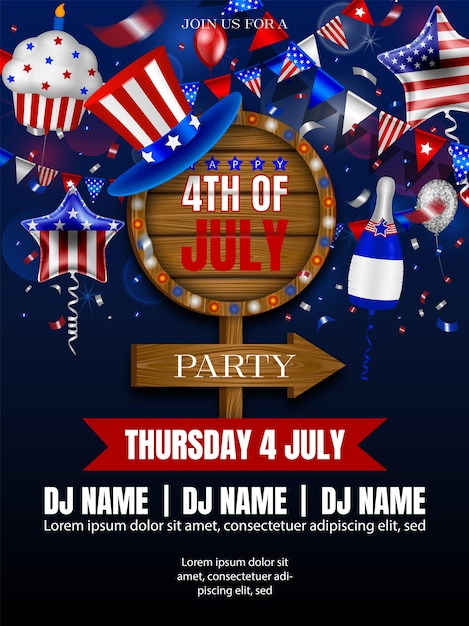 Vector 4th of july party poster with wooden signboard and hat with american flag colors