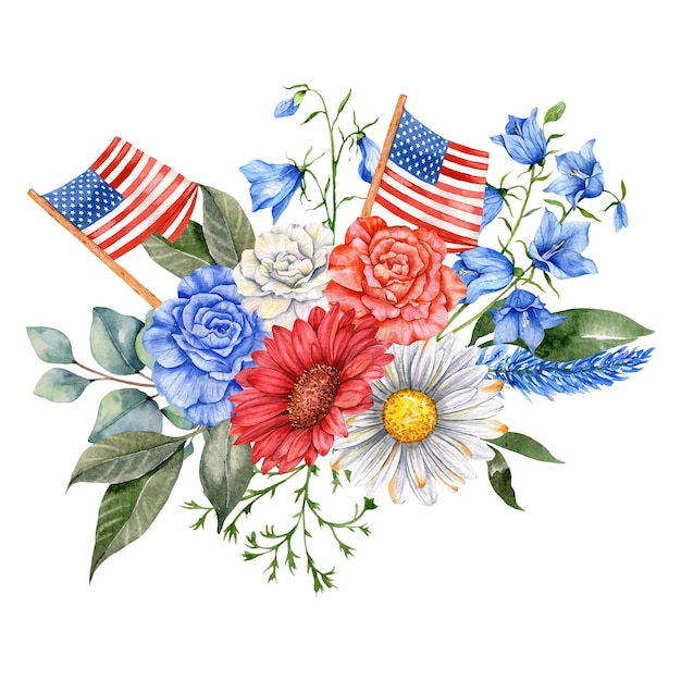 4th of July Patriotic Concept Independence Day design element Hand Painted Floral Watercolor