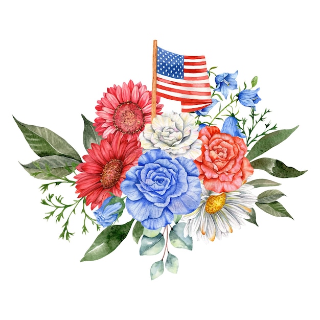 4th of July Patriotic Concept Independence Day design element Hand Painted Floral Watercolor