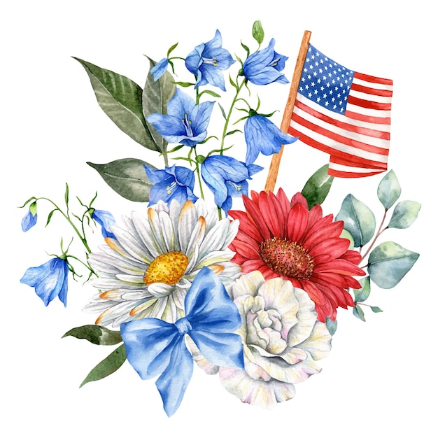 4th of July Patriotic Concept Independence Day design element Hand Painted Floral Watercolor