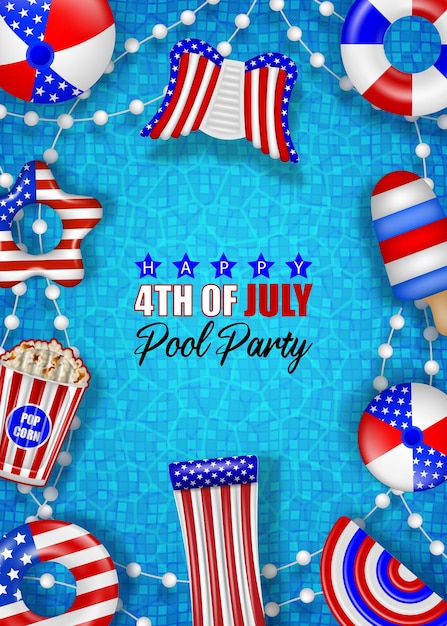 4th of july pool party poster american independence background with inflatables on pool water