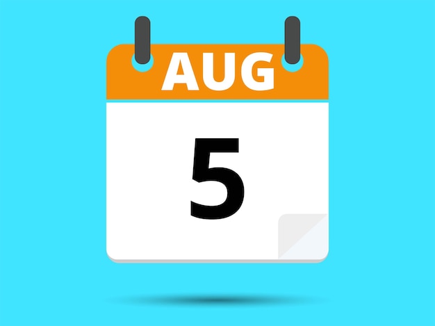 5 August Flat icon calendar isolated on blue background Vector illustration