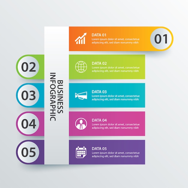 5 data Infographics tab in horizontal paper index template.