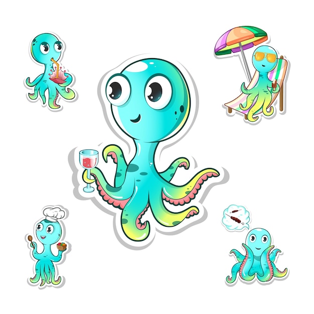 5 different and fun octopus stickers in the same style