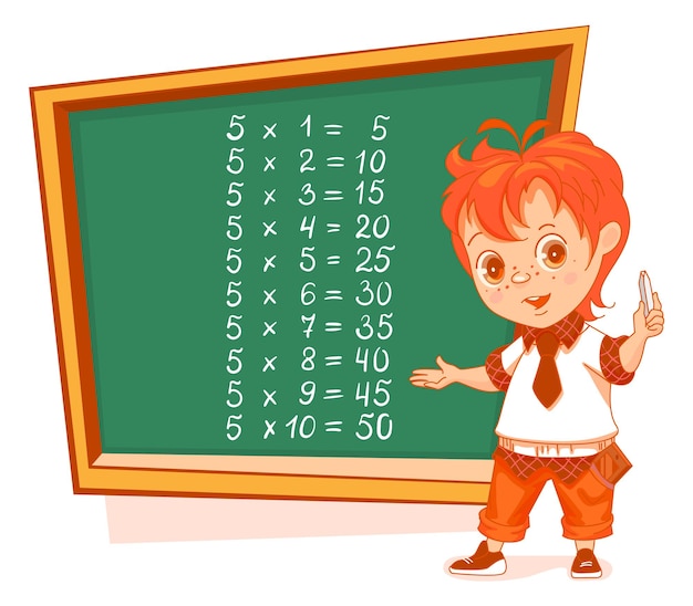 5 multiplication table chalkboard boy student write example Vector cartoon