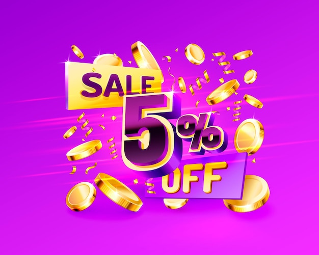 Vector 5 off discount creative composition 3d sale symbol with decorative objects golden