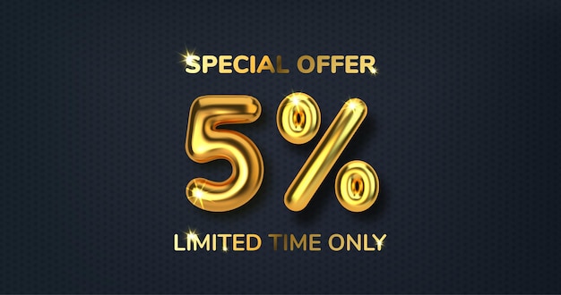 5 off discount promotion sale made of realistic 3d gold balloons.