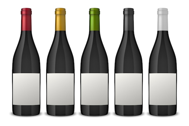 5 realistic black wine bottles with white labels isolated on white background.