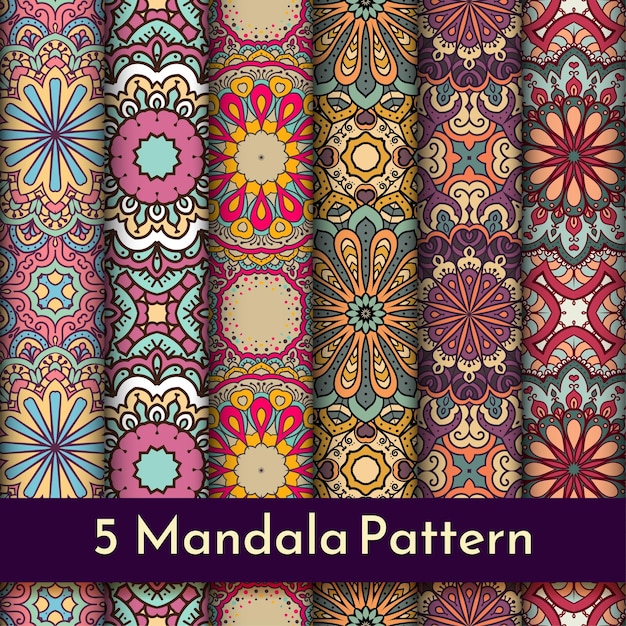 Vector 5 set of colorful ethnic mandala seamless pattern