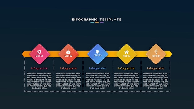 5 step timeline business infographic element and creative presentation design on dark background