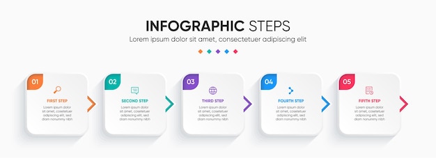 5 steps colorful box square infographic with arrow