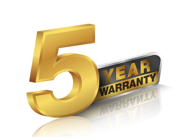 5 year warranty Products parts and services in 3D view on reflective white isolated background