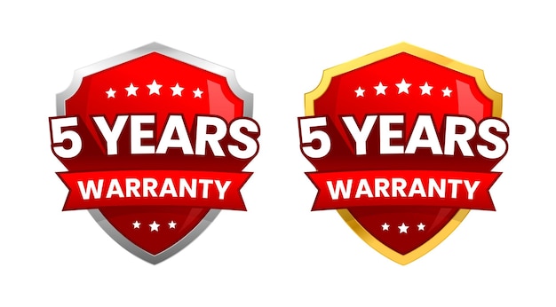 Vector 5 years warranty label or badge design with a minimalist and shiny red shield icon vector