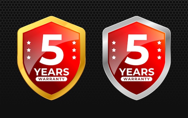 Vector 5 years warranty with glossy gold and silver vector shield shape for label seal stamp icon logo