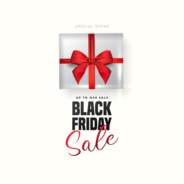 50% discount offer for Black friday sale lettering, White gift box around on white . Can be used as poster,banner or template .