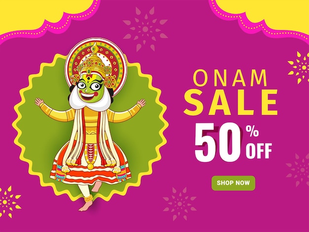 50 Discount Offer For Onam Sale Poster Design With Cheerful Kathakali Dancer Character