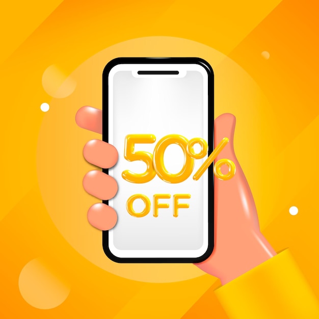 50 or fifty percent off design. Hand holding a mobile phone with an offer message. Special discount