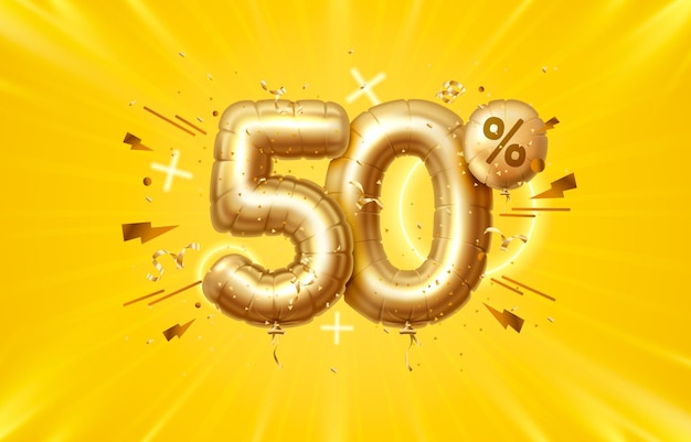 50 Off. Discount creative composition. 3d Golden sale symbol with decorative objects, heart shaped balloons, golden confetti, podium and gift box. Sale banner and poster. Vector illustration.