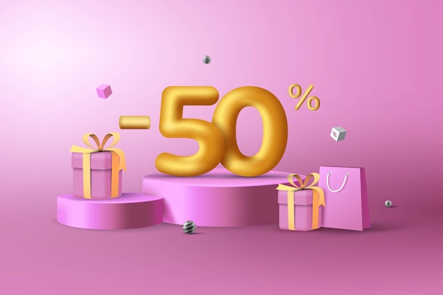 50 percent Off 3D Gold Discount numbers on podium with shopping bag and gift box