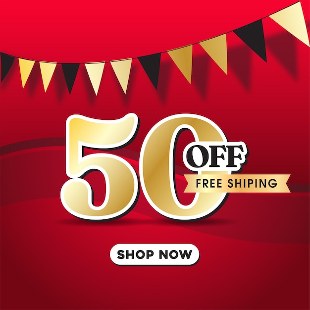 50 percent off on red background banner vector design plus shop now button