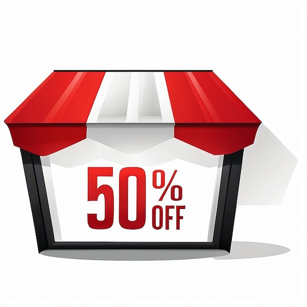 50 percent off on shopping store window with red and white window shade tent icon logo design