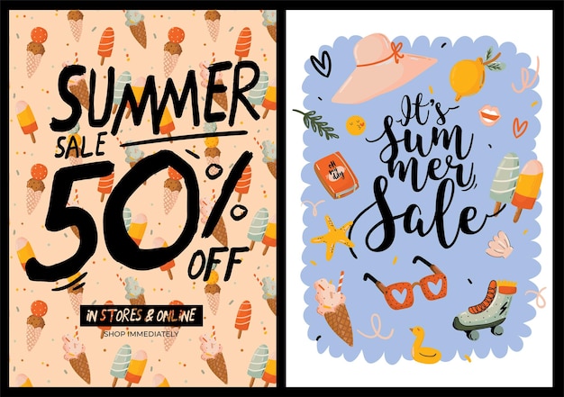 50 percent off summer sales poster illustration with nature and ice cream design