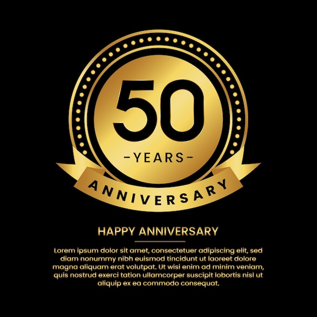 50 years anniversary banner with luxurious golden circles and halftone on a black background and replaceable text speech