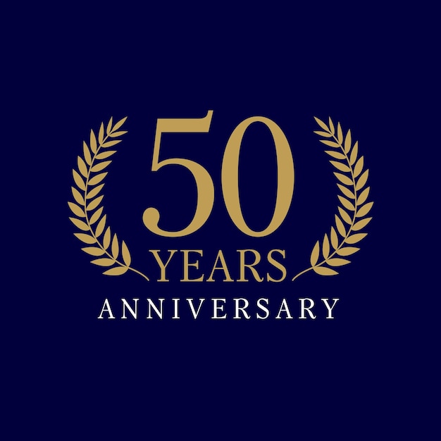 50 years old luxurious logo. Anniversary year of 50 th vector gold colored template framed by palms.