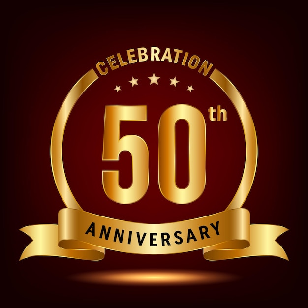 50th Anniversary Celebration logo design with ring and gold ribbon Logo Vector Template