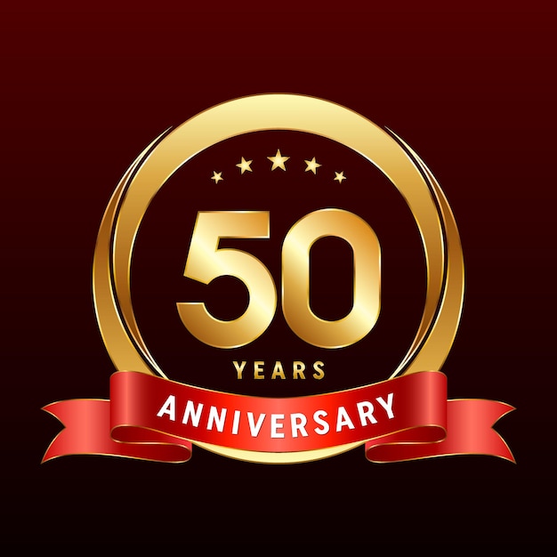 50th Anniversary logo design with golden ring and red ribbon Logo Vector Template Illustration