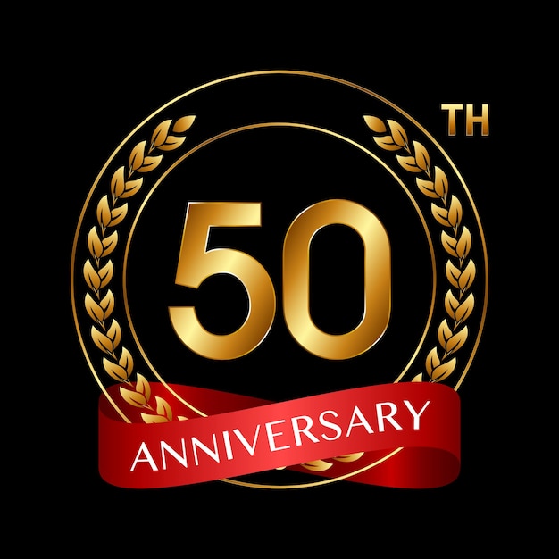 50th Anniversary Logo Design with Laurel Wreath and Red Ribbon Logo Vector Illustration