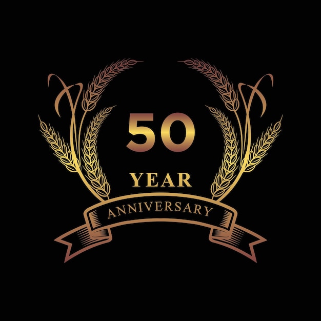 50th golden anniversary logo with ring and ribbon laurel wreath vector