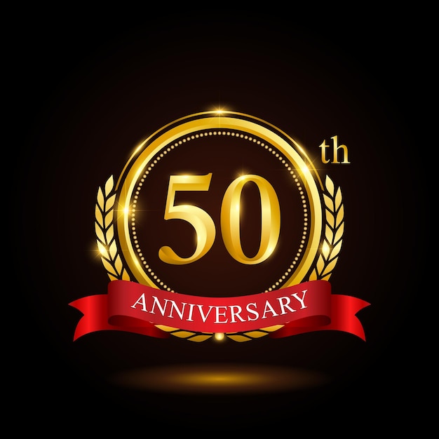 50th golden anniversary template design with shiny ring and red ribbon laurel wreath isolated on black background logo vector