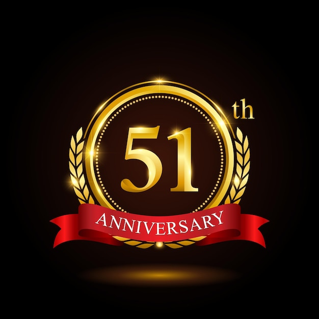 51th golden anniversary template design with shiny ring and red ribbon laurel wreath isolated on black background logo vector