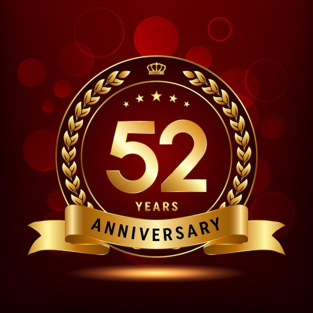 52th anniversary celebration logo design with laurel wreath and golden ribbon Logo Vector Template