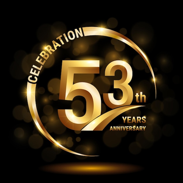 53th Anniversary Celebration logo design with gold ring and golden number Logo Vector Template