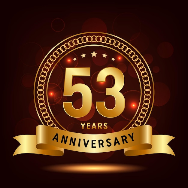 53th Anniversary Logo Golden number with sparkling confetti and ribbon Vector Template