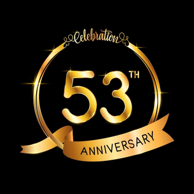 53th Anniversary template design with gold color ribbon and ring Logo Vector Template