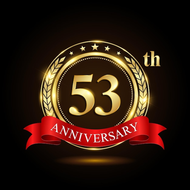 53th golden anniversary logo with shiny ring and red ribbon Laurel wrath isolated on black background vector design