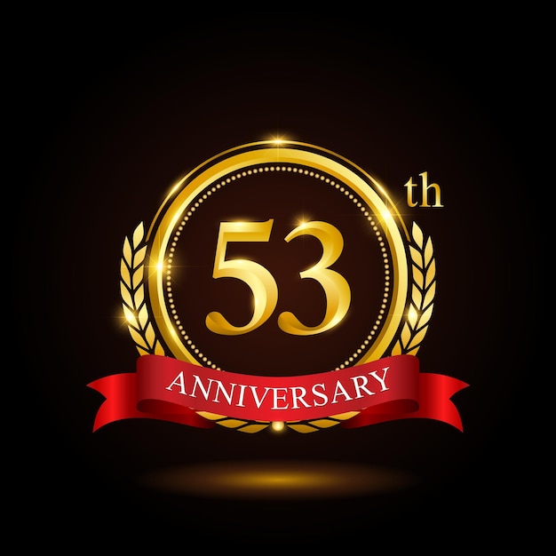 53th golden anniversary template design with shiny ring and red ribbon laurel wreath isolated on black background logo vector