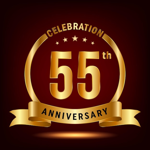 55th Anniversary Celebration logo design with ring and gold ribbon Logo Vector Template