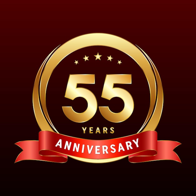 55th Anniversary logo design with golden ring and red ribbon Logo Vector Template Illustration