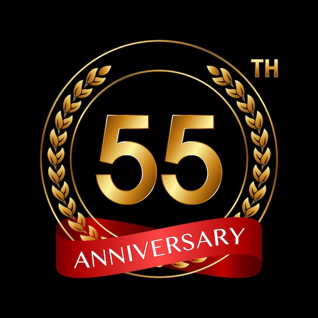 55th Anniversary Logo Design with Laurel Wreath and Red Ribbon Logo Vector Illustration