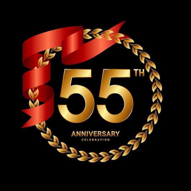 55th Anniversary Logo Design with Laurel Wreath and Red Ribbon Logo Vector Template