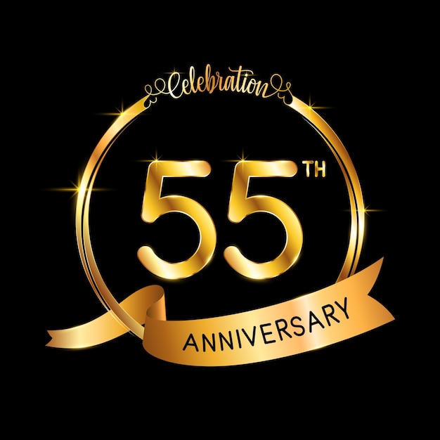 55th Anniversary template design with gold color ribbon and ring Logo Vector Template