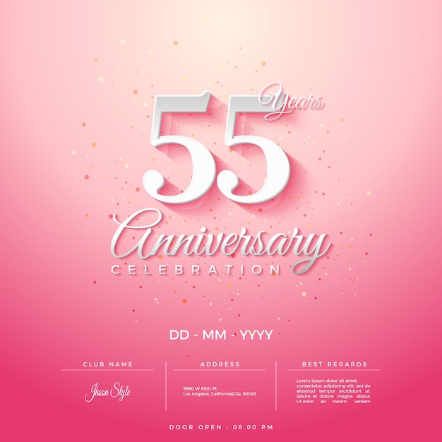 55th anniversary with floating white numbers illustration.