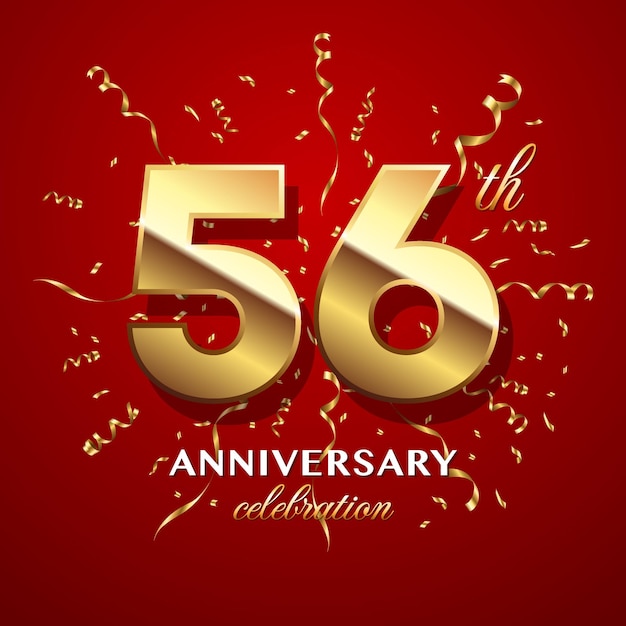 56th Anniversary Celebration Logo design with golden number and ribbon Logo Vector Template