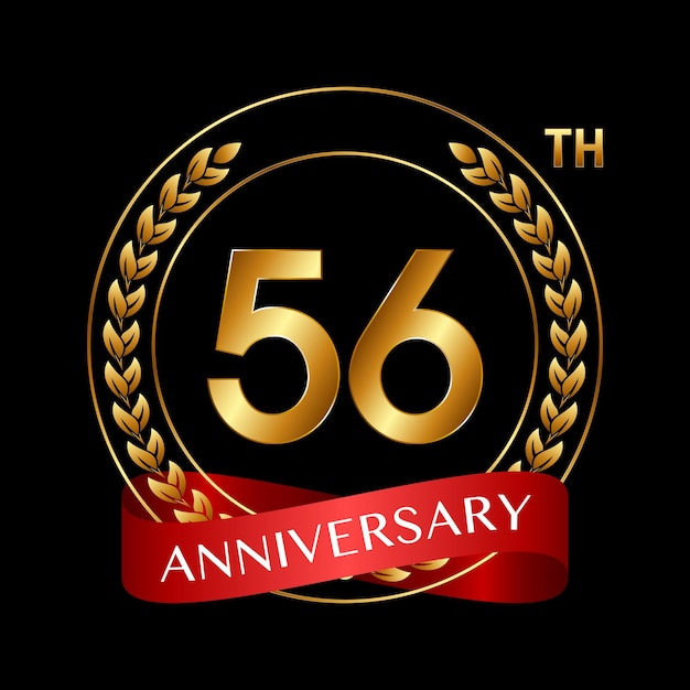 56th Anniversary Logo Design with Laurel Wreath and Red Ribbon Logo Vector Illustration