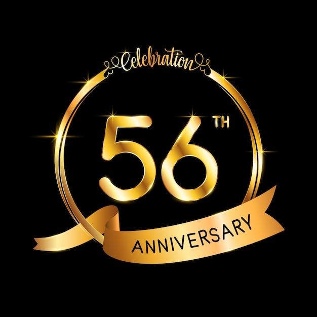 56th Anniversary template design with gold color ribbon and ring Logo Vector Template