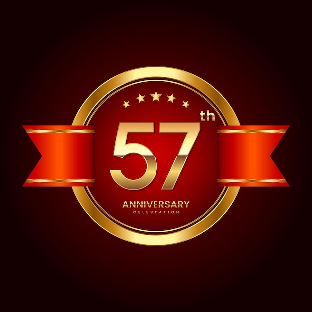 57th Anniversary logo with badge style Anniversary logo with gold color and red ribbon Logo Vector